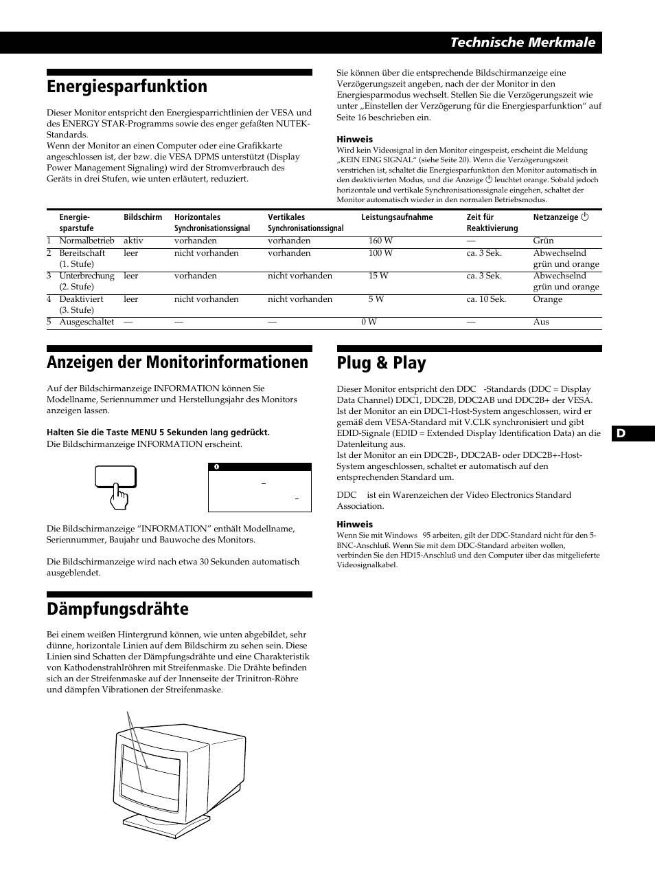 Energiesparfunktion, Dämpfungsdrähte, Plug & play | Anzeigen der monitorinformationen, Technische merkmale | Sony CPD-520GST User Manual | Page 59 / 108