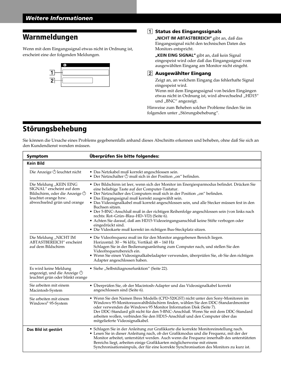 Warnmeldungen, Störungsbehebung, Weitere informationen | Sony CPD-520GST User Manual | Page 60 / 108