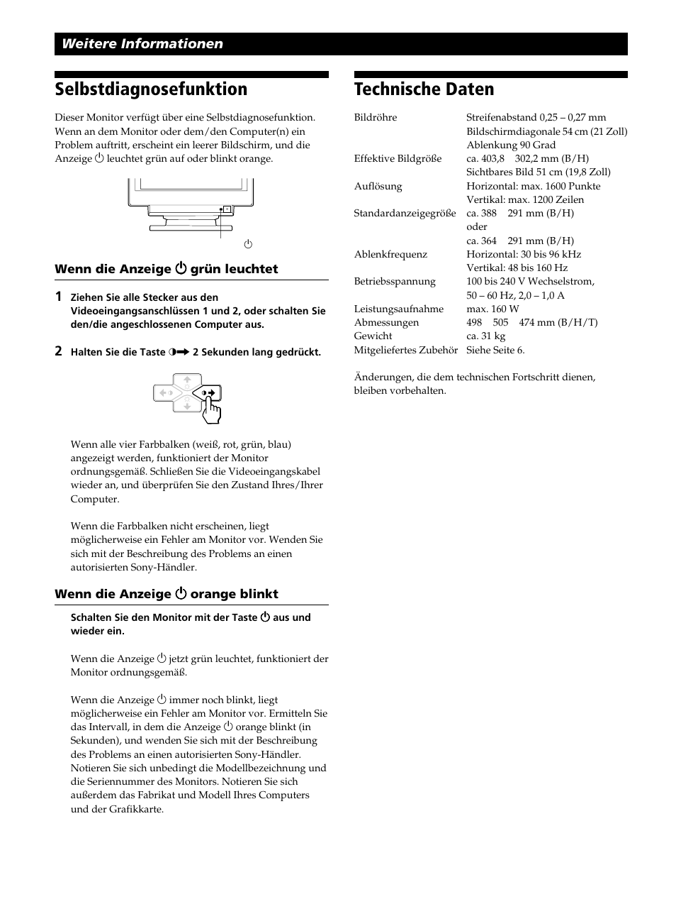 Selbstdiagnosefunktion, Technische daten, Weitere informationen | Sony CPD-520GST User Manual | Page 62 / 108