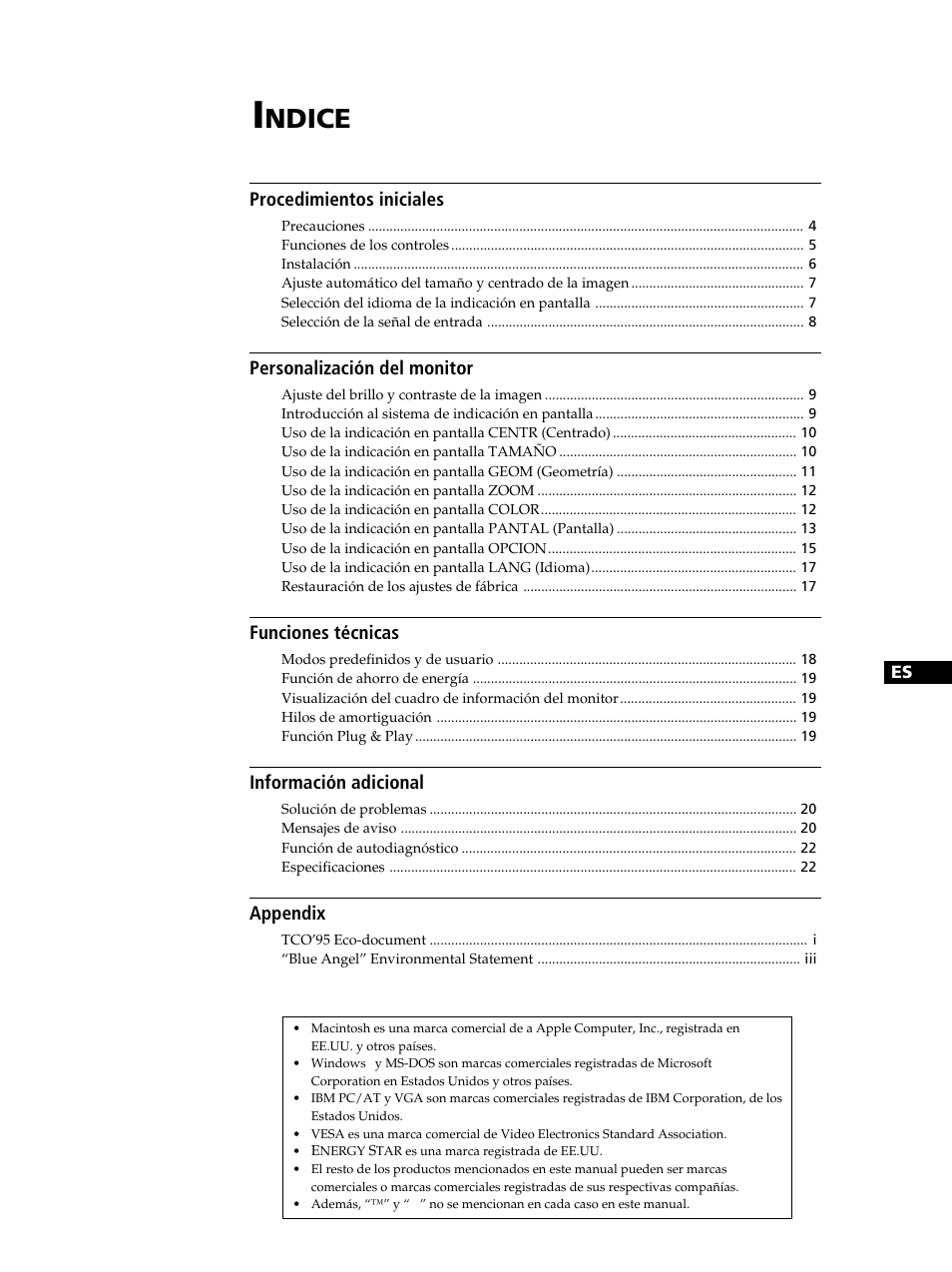 Ndice, Procedimientos iniciales, Personalización del monitor | Funciones técnicas, Información adicional, Appendix | Sony CPD-520GST User Manual | Page 63 / 108