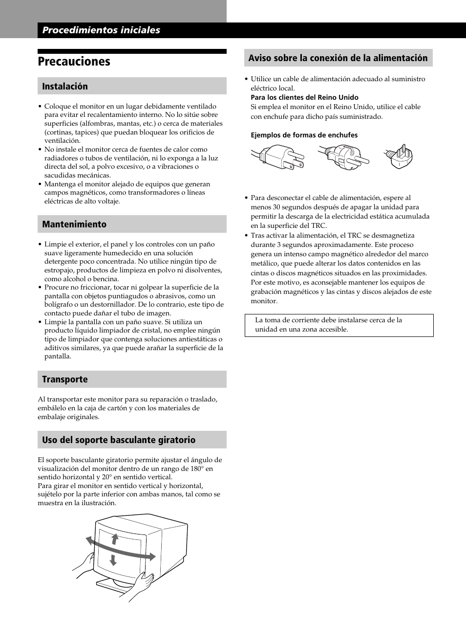 Precauciones, Procedimientos iniciales, Instalación | Mantenimiento, Transporte, Uso del soporte basculante giratorio | Sony CPD-520GST User Manual | Page 64 / 108