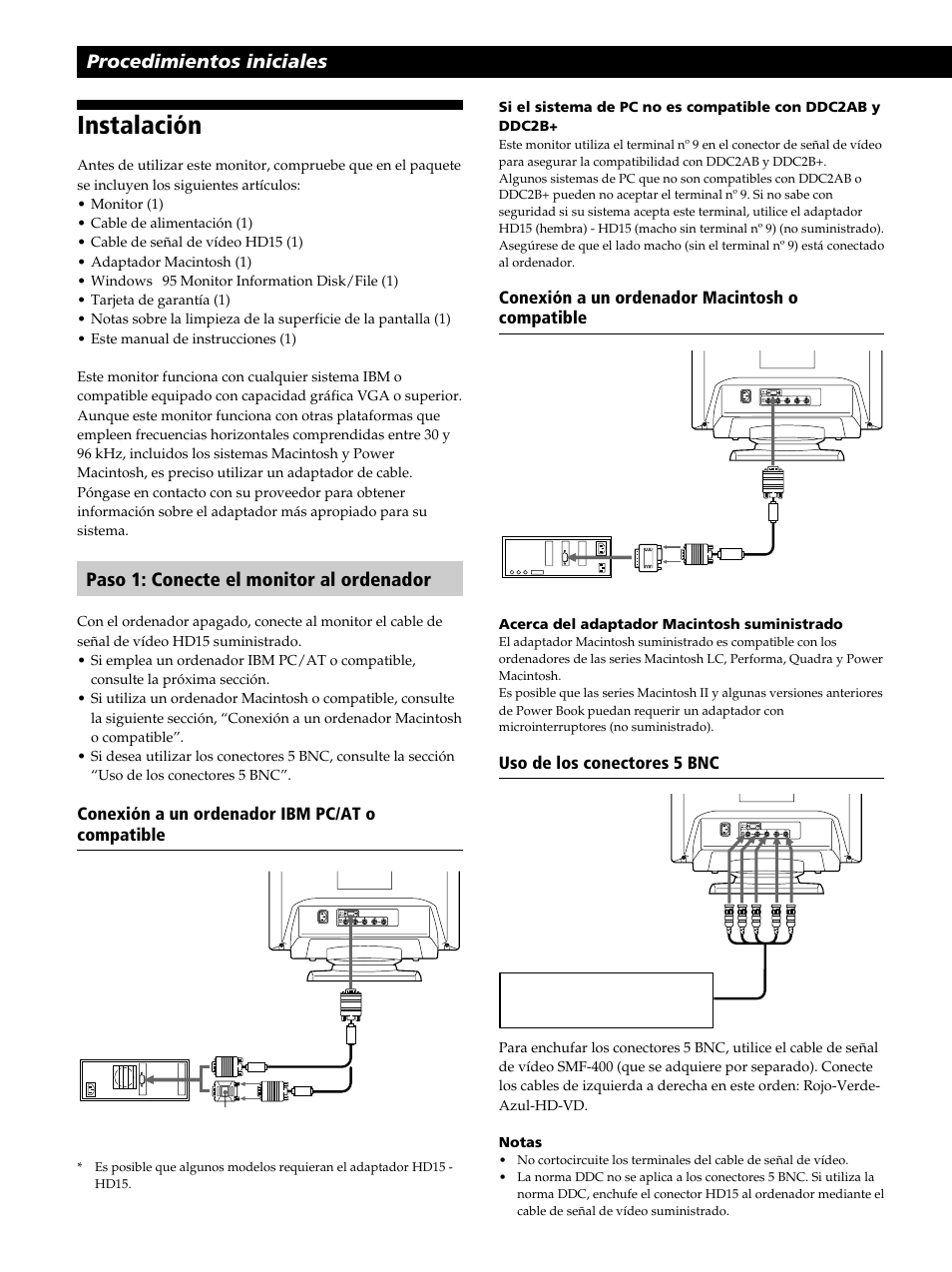 Instalación, Procedimientos iniciales, Paso 1: conecte el monitor al ordenador | Sony CPD-520GST User Manual | Page 66 / 108