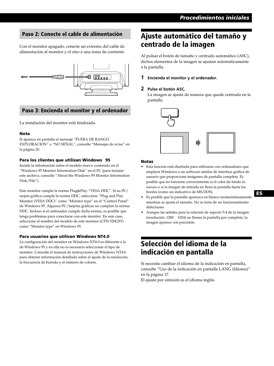 Selección del idioma de la indicación en pantalla, Procedimientos iniciales, Paso 2: conecte el cable de alimentación | Paso 3: encienda el monitor y el ordenador | Sony CPD-520GST User Manual | Page 67 / 108