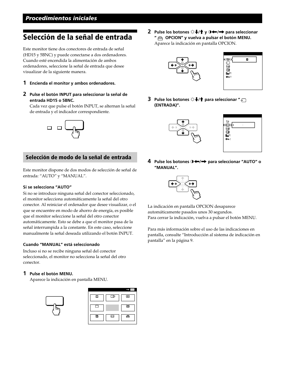 Selección de la señal de entrada, Procedimientos iniciales 2, Selección de modo de la señal de entrada | Sony CPD-520GST User Manual | Page 68 / 108