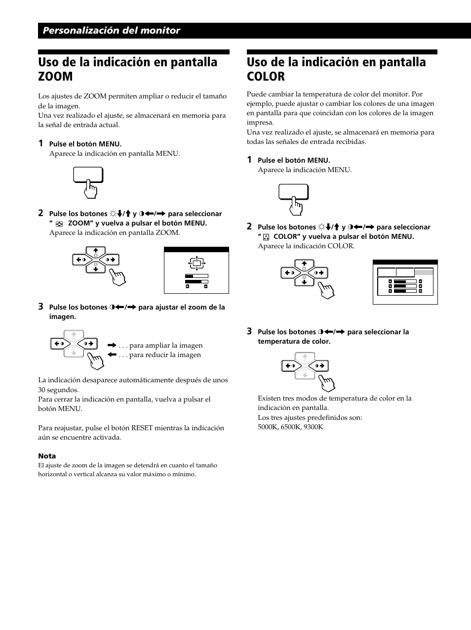 Uso de la indicación en pantalla zoom, Uso de la indicación en pantalla color, Personalización del monitor | Sony CPD-520GST User Manual | Page 72 / 108