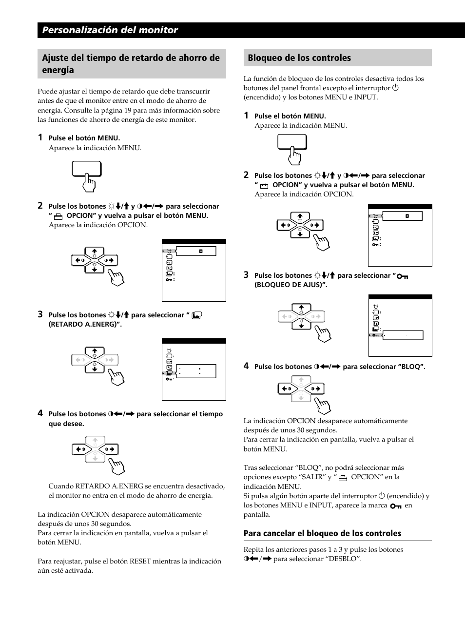 Ajuste del tiempo de retardo de ahorro de energía, Para cancelar el bloqueo de los controles | Sony CPD-520GST User Manual | Page 76 / 108