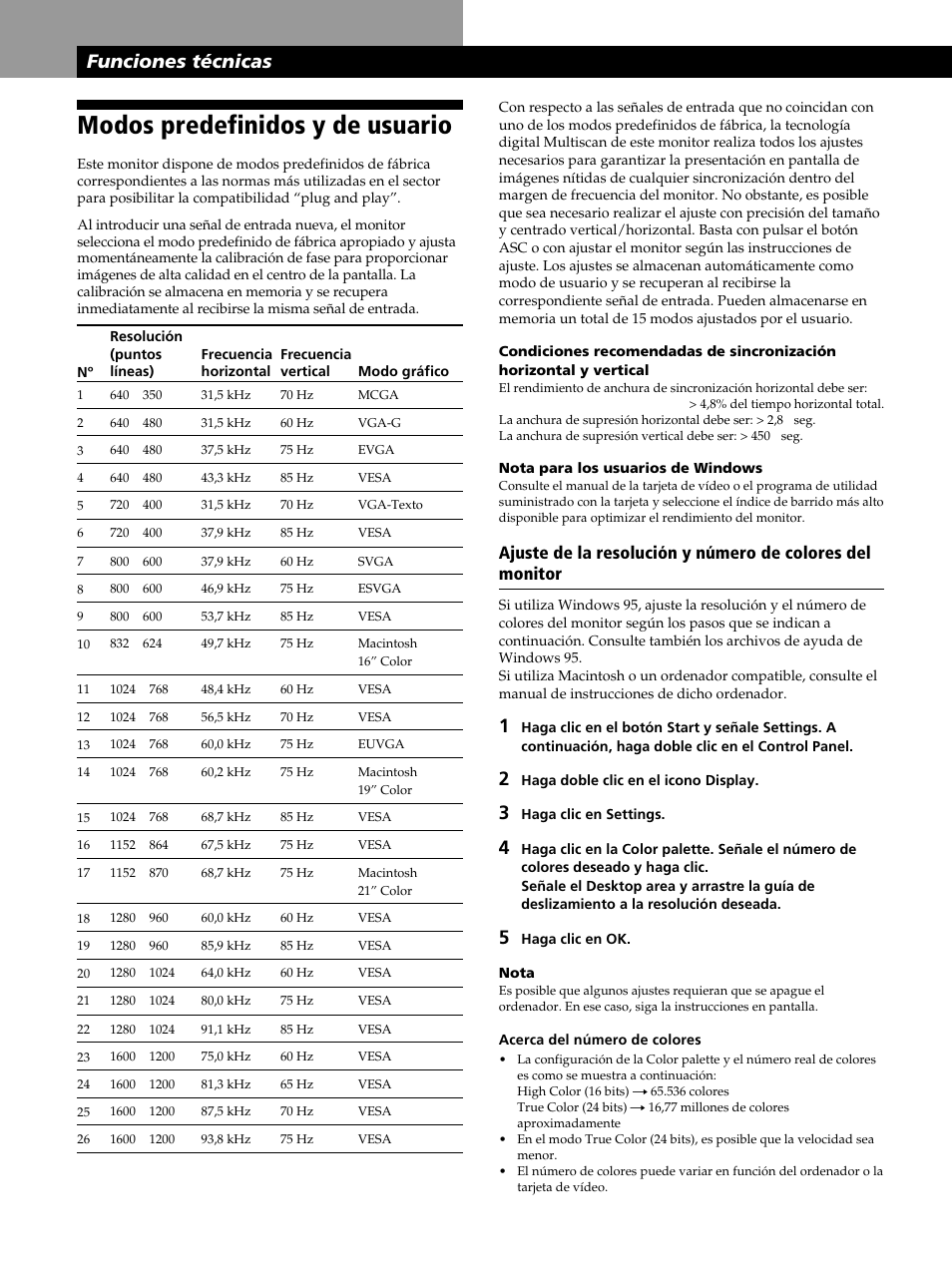 Modos predefinidos y de usuario, Funciones técnicas | Sony CPD-520GST User Manual | Page 78 / 108