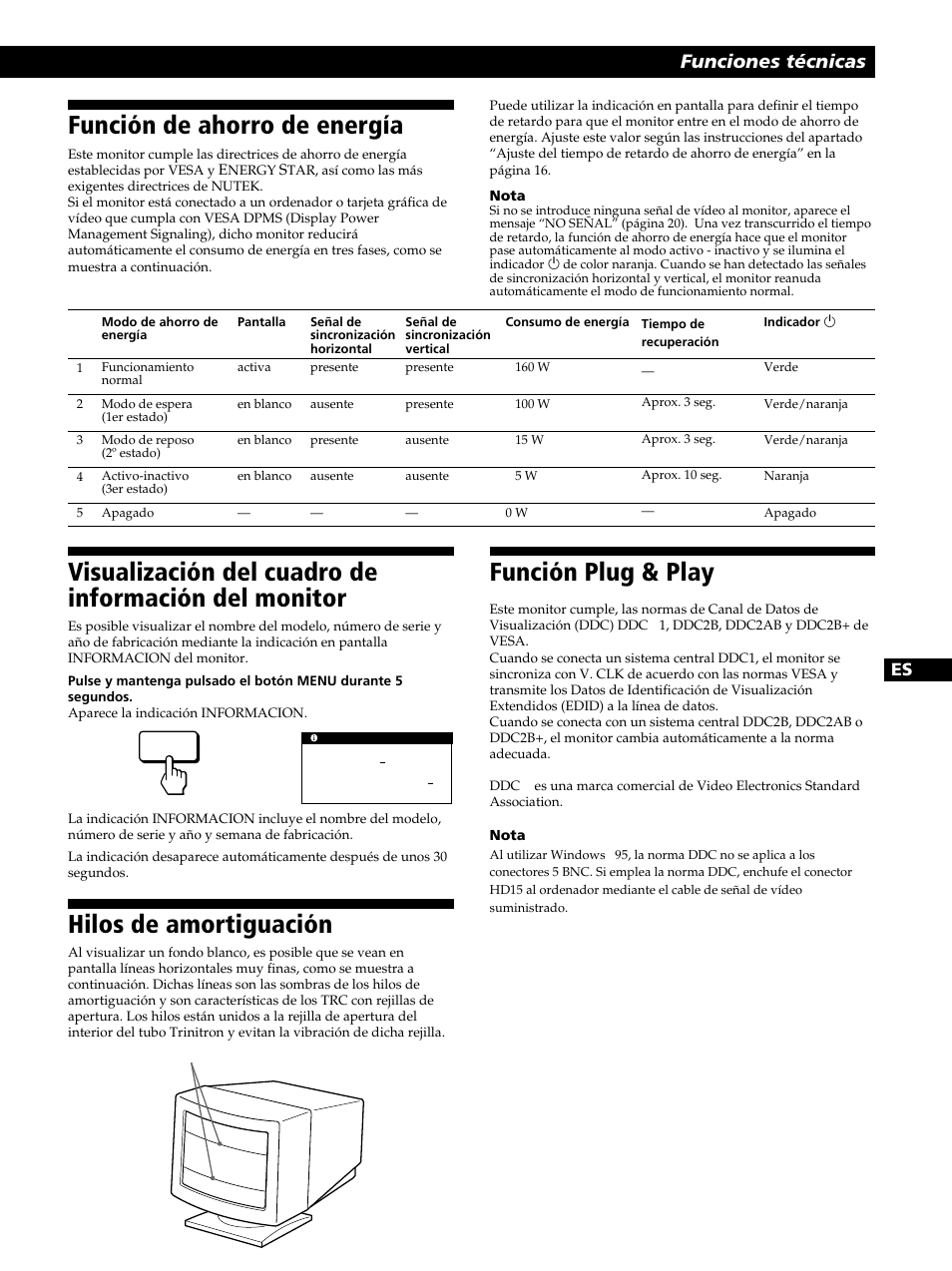 Función de ahorro de energía, Hilos de amortiguación, Función plug & play | Funciones técnicas, En f d es i j | Sony CPD-520GST User Manual | Page 79 / 108