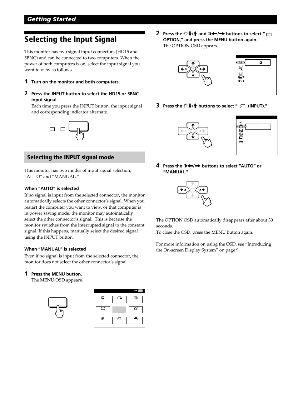 Selecting the input signal, Getting started, Selecting the input signal mode | Sony CPD-520GST User Manual | Page 8 / 108