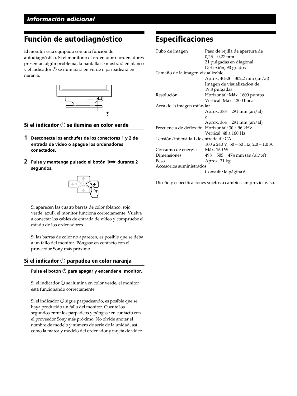 Función de autodiagnóstico, Especificaciones, Información adicional | Sony CPD-520GST User Manual | Page 82 / 108