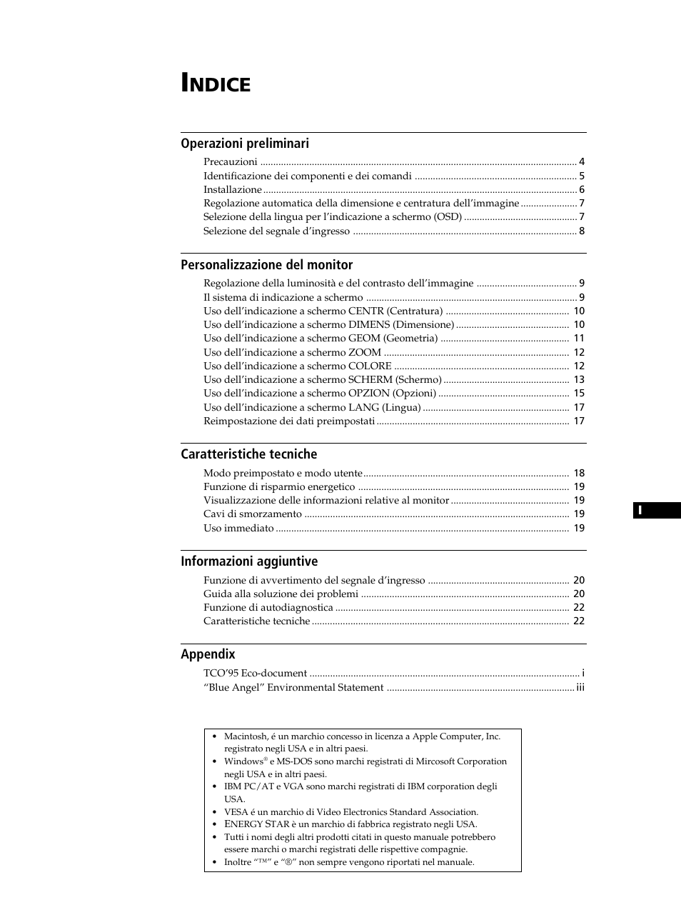 Ndice, Operazioni preliminari, Personalizzazione del monitor | Caratteristiche tecniche, Informazioni aggiuntive, Appendix | Sony CPD-520GST User Manual | Page 83 / 108