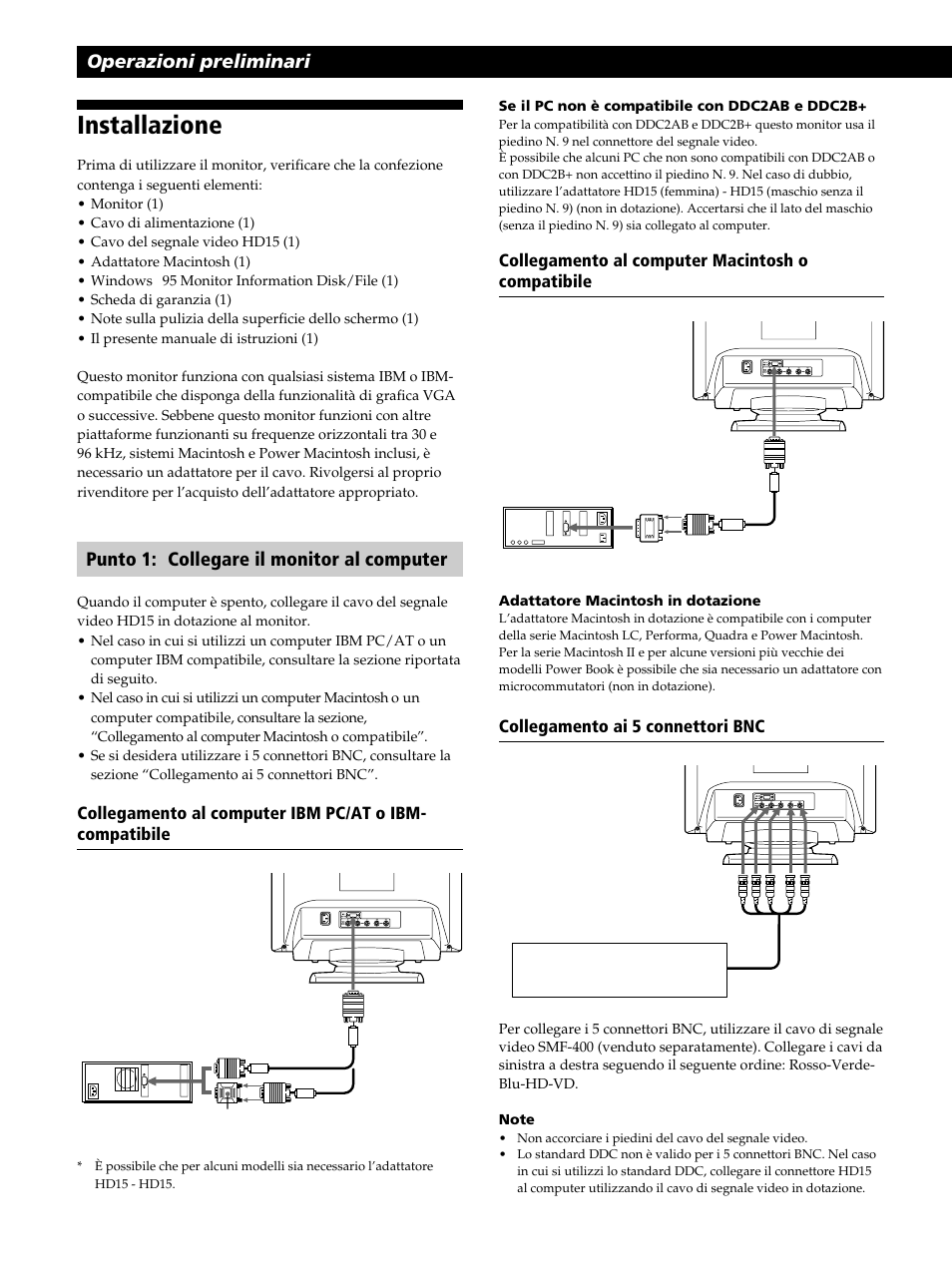 Installazione, Operazioni preliminari, Punto 1: collegare il monitor al computer | Sony CPD-520GST User Manual | Page 86 / 108