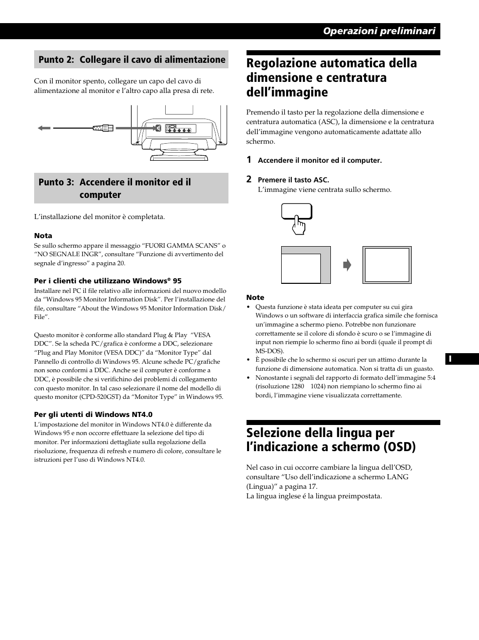 Operazioni preliminari, Punto 2: collegare il cavo di alimentazione, Punto 3: accendere il monitor ed il computer | Sony CPD-520GST User Manual | Page 87 / 108
