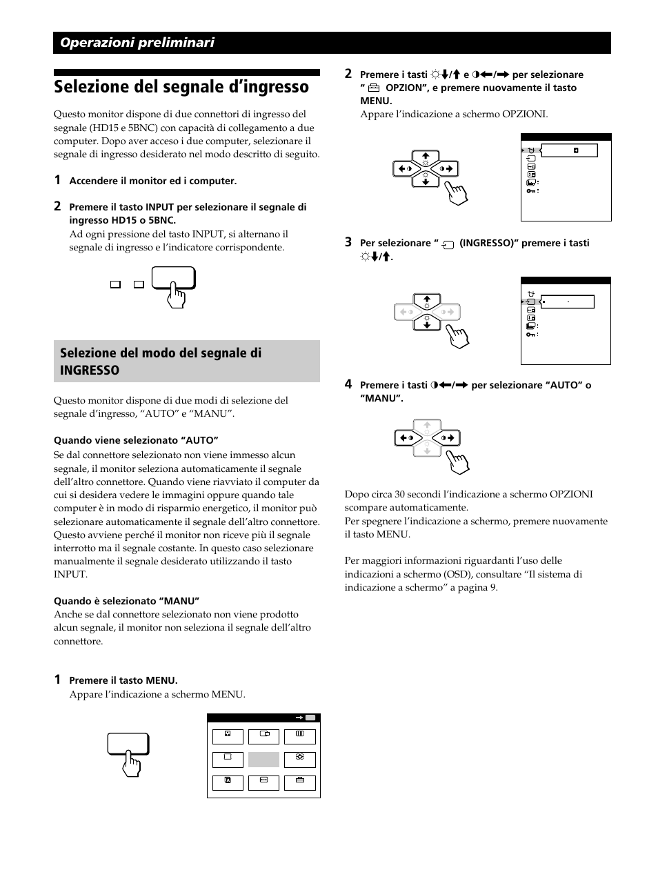 Selezione del segnale d’ingresso, Operazioni preliminari, Selezione del modo del segnale di ingresso | Sony CPD-520GST User Manual | Page 88 / 108