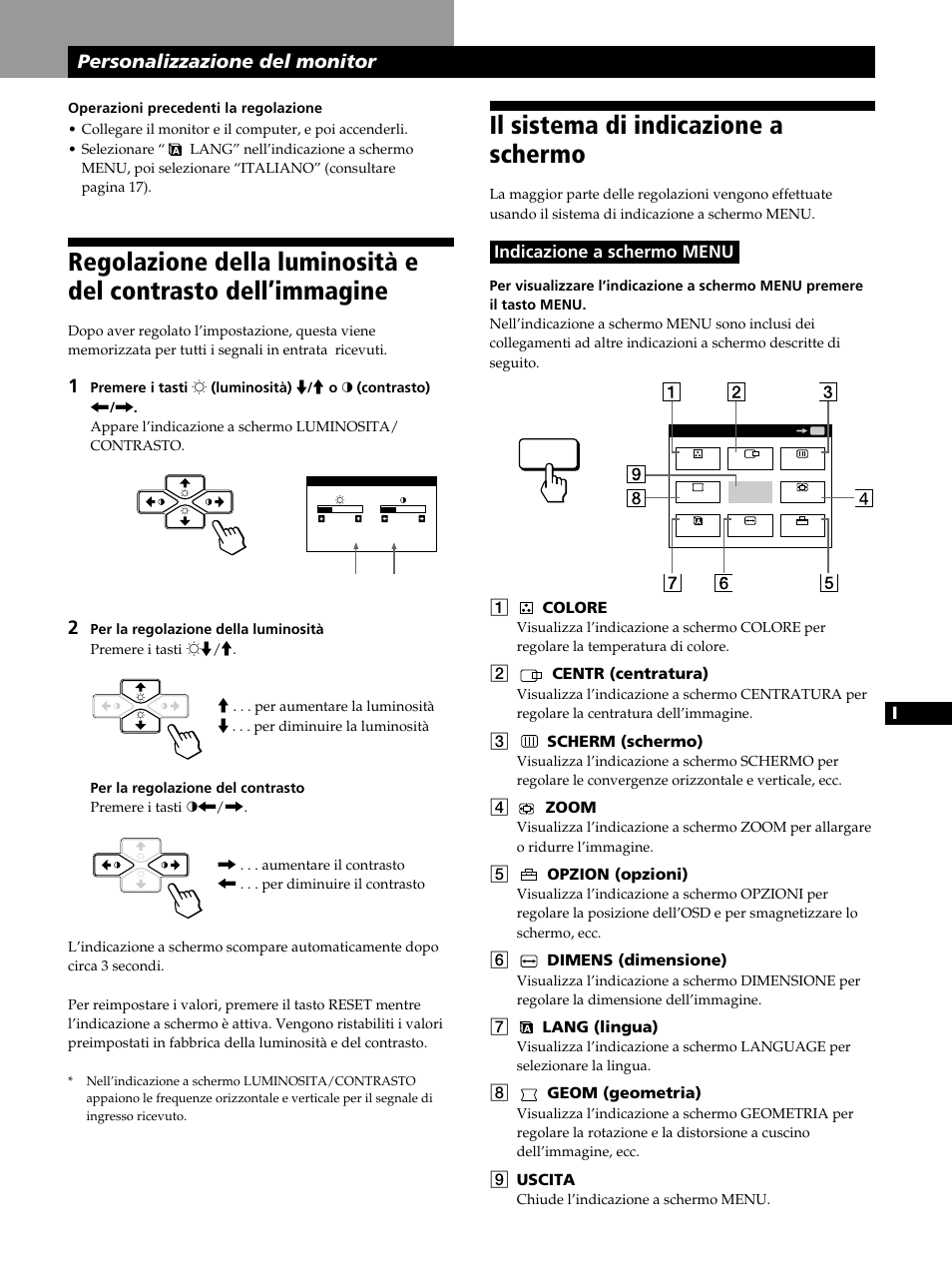 Il sistema di indicazione a schermo, Personalizzazione del monitor | Sony CPD-520GST User Manual | Page 89 / 108