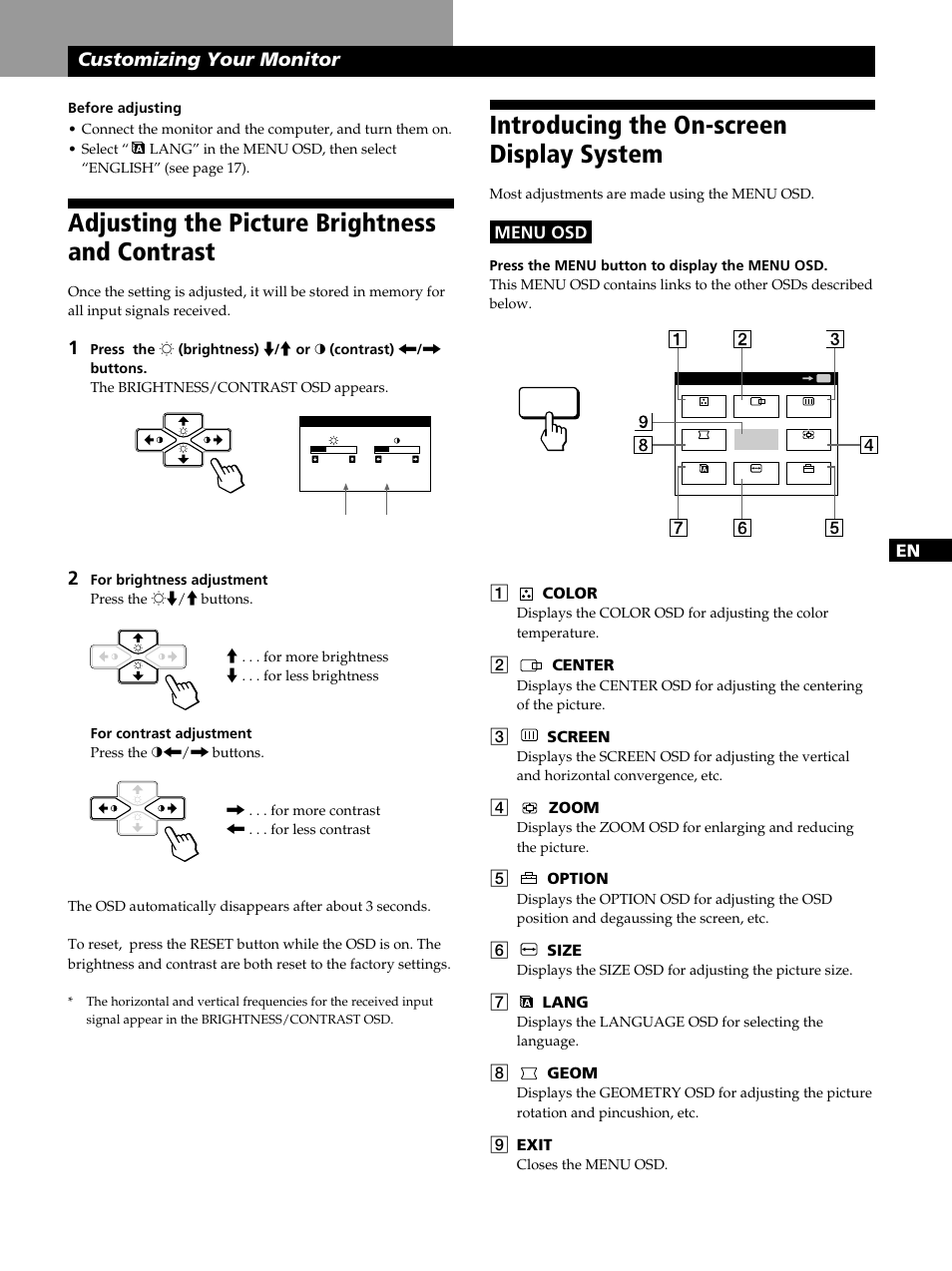 Adjusting the picture brightness and contrast, Introducing the on-screen display system, Getting started customizing your monitor | Customizing your monitor | Sony CPD-520GST User Manual | Page 9 / 108