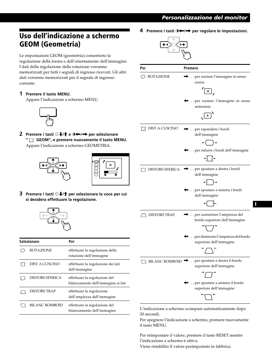 Uso dell’indicazione a schermo geom (geometria), Personalizzazione del monitor | Sony CPD-520GST User Manual | Page 91 / 108