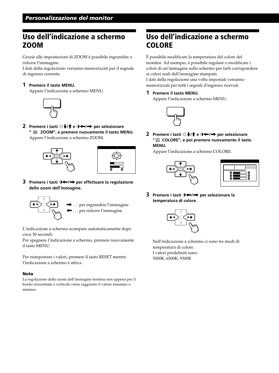 Uso dell’indicazione a schermo zoom, Uso dell’indicazione a schermo colore, Personalizzazione del monitor | Sony CPD-520GST User Manual | Page 92 / 108