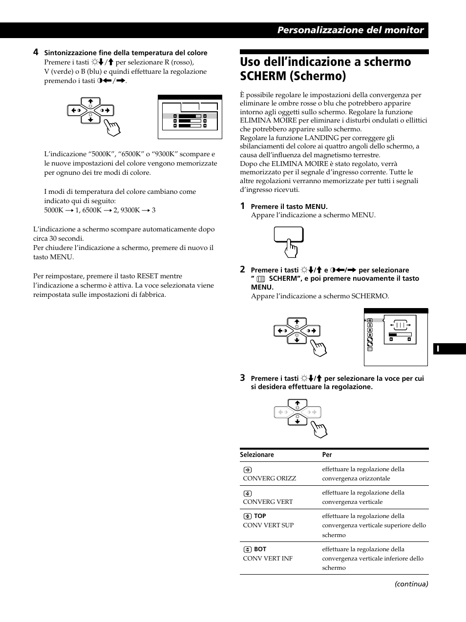 Uso dell’indicazione a schermo scherm (schermo), Personalizzazione del monitor | Sony CPD-520GST User Manual | Page 93 / 108