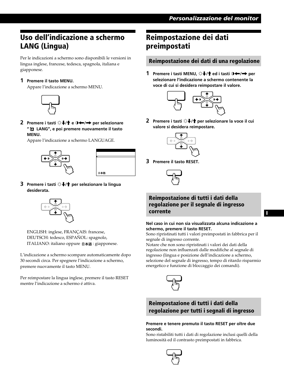 Uso dell’indicazione a schermo lang (lingua), Reimpostazione dei dati preimpostati | Sony CPD-520GST User Manual | Page 97 / 108