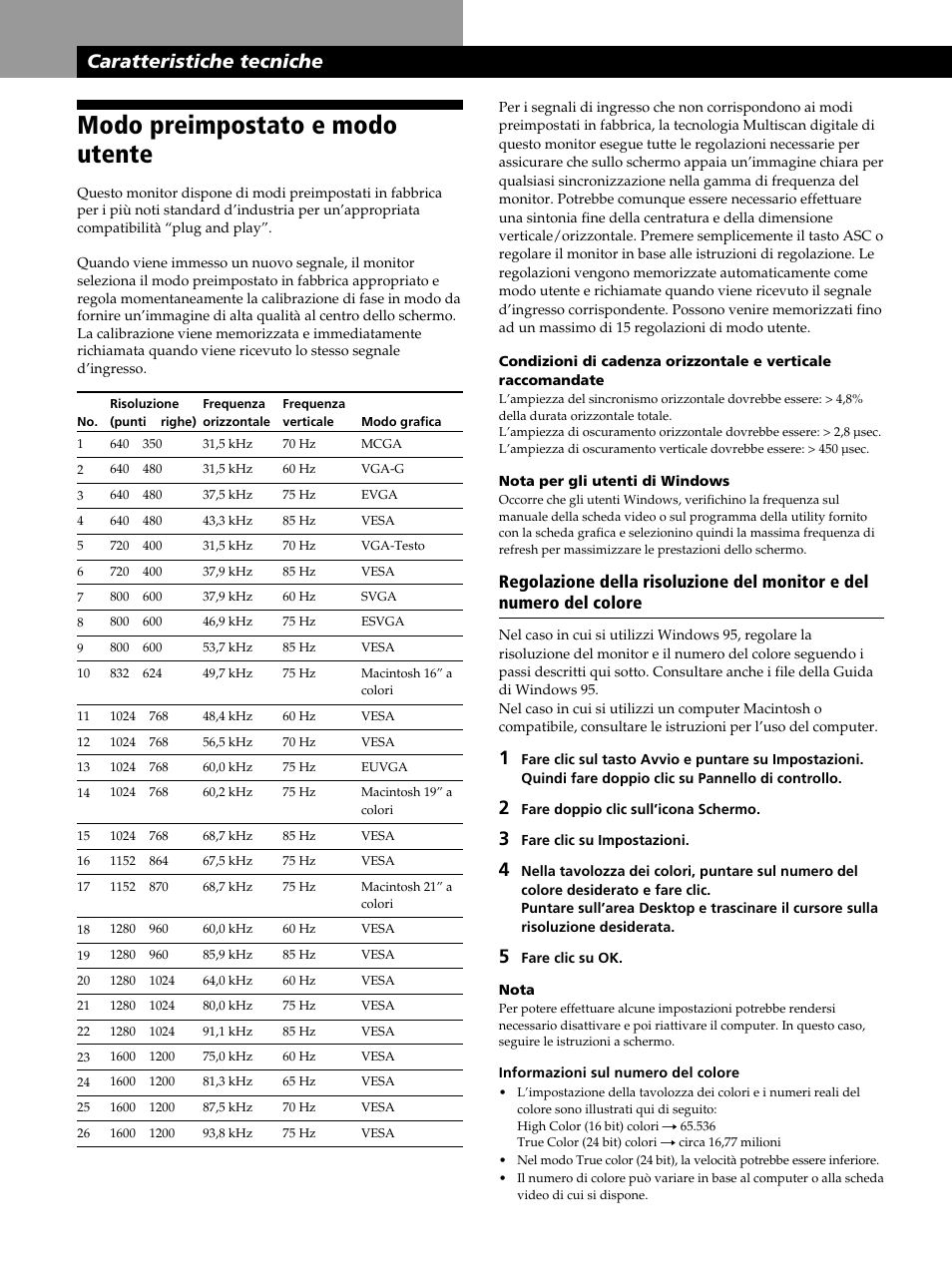 Modo preimpostato e modo utente, Caratteristiche tecniche | Sony CPD-520GST User Manual | Page 98 / 108