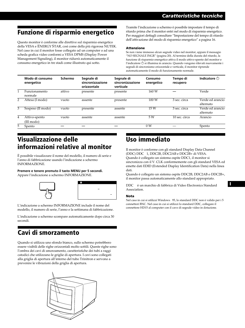 Funzione di risparmio energetico, Cavi di smorzamento, Uso immediato | Caratteristiche tecniche | Sony CPD-520GST User Manual | Page 99 / 108