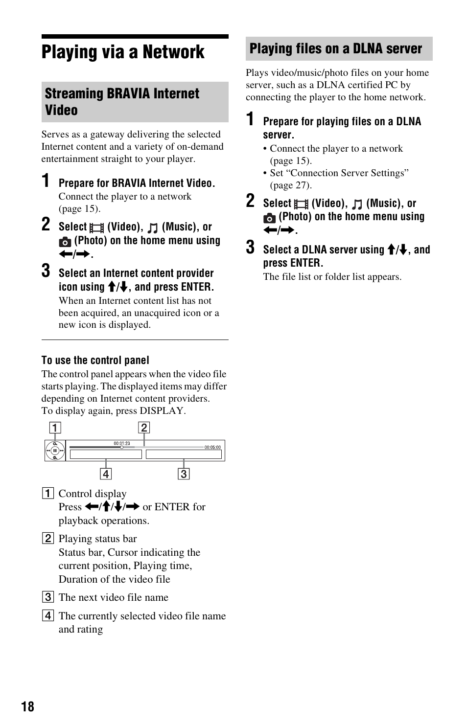 Playing via a network | Sony BDP-S570 User Manual | Page 18 / 39