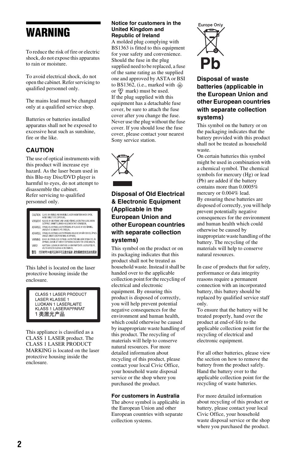 Warning | Sony BDP-S570 User Manual | Page 2 / 39