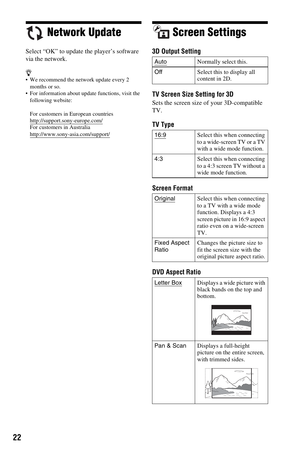 Network update, Screen settings, Network update screen settings | Sony BDP-S570 User Manual | Page 22 / 39