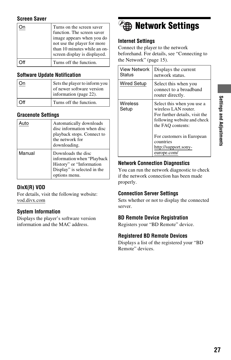 Network settings | Sony BDP-S570 User Manual | Page 27 / 39
