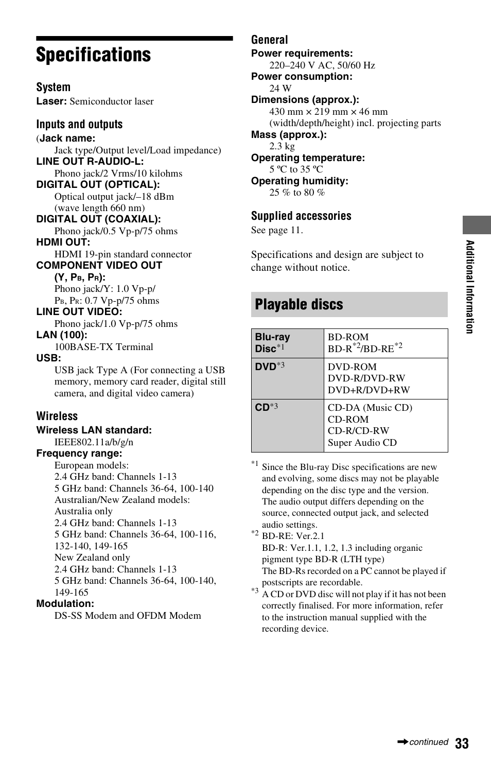 Specifications, Playable discs | Sony BDP-S570 User Manual | Page 33 / 39