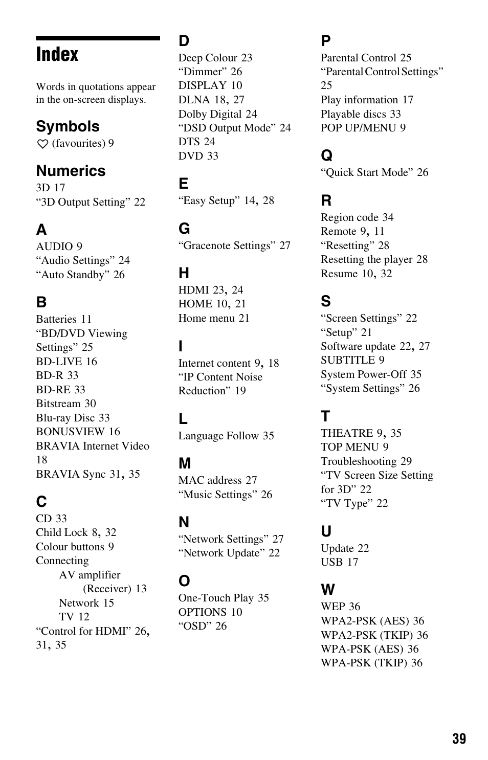 Index, Symbols, Numerics | Sony BDP-S570 User Manual | Page 39 / 39