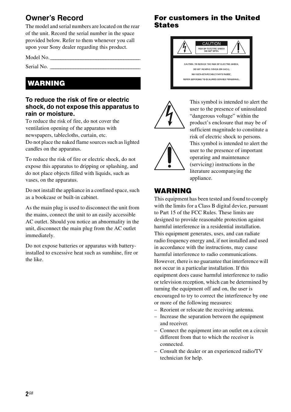 Owner’s record, For customers in the united states, Warning | Sony HTSF2300 User Manual | Page 2 / 76