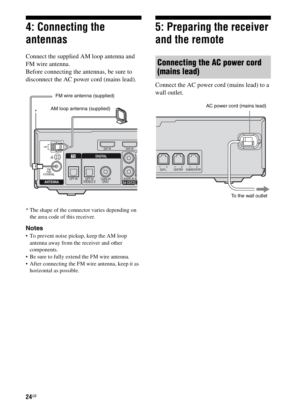 Connecting the antennas, Preparing the receiver and the remote, Connecting the ac power cord (mains lead) | Sony HTSF2300 User Manual | Page 24 / 76