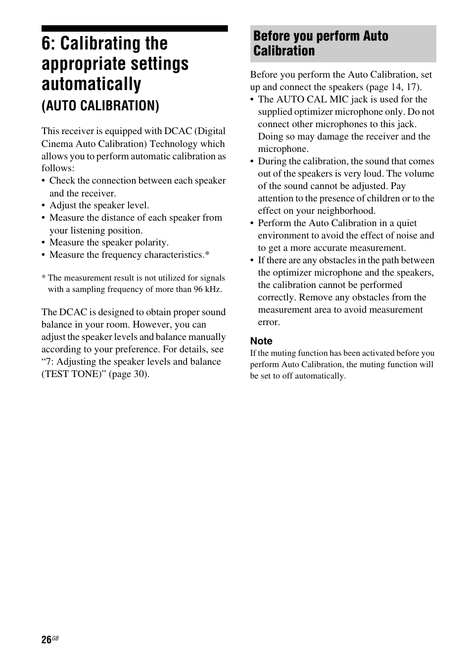 Calibrating the appropriate settings, Automatically, Auto calibration) | Calibrating the appropriate settings automatically, Before you perform auto calibration | Sony HTSF2300 User Manual | Page 26 / 76