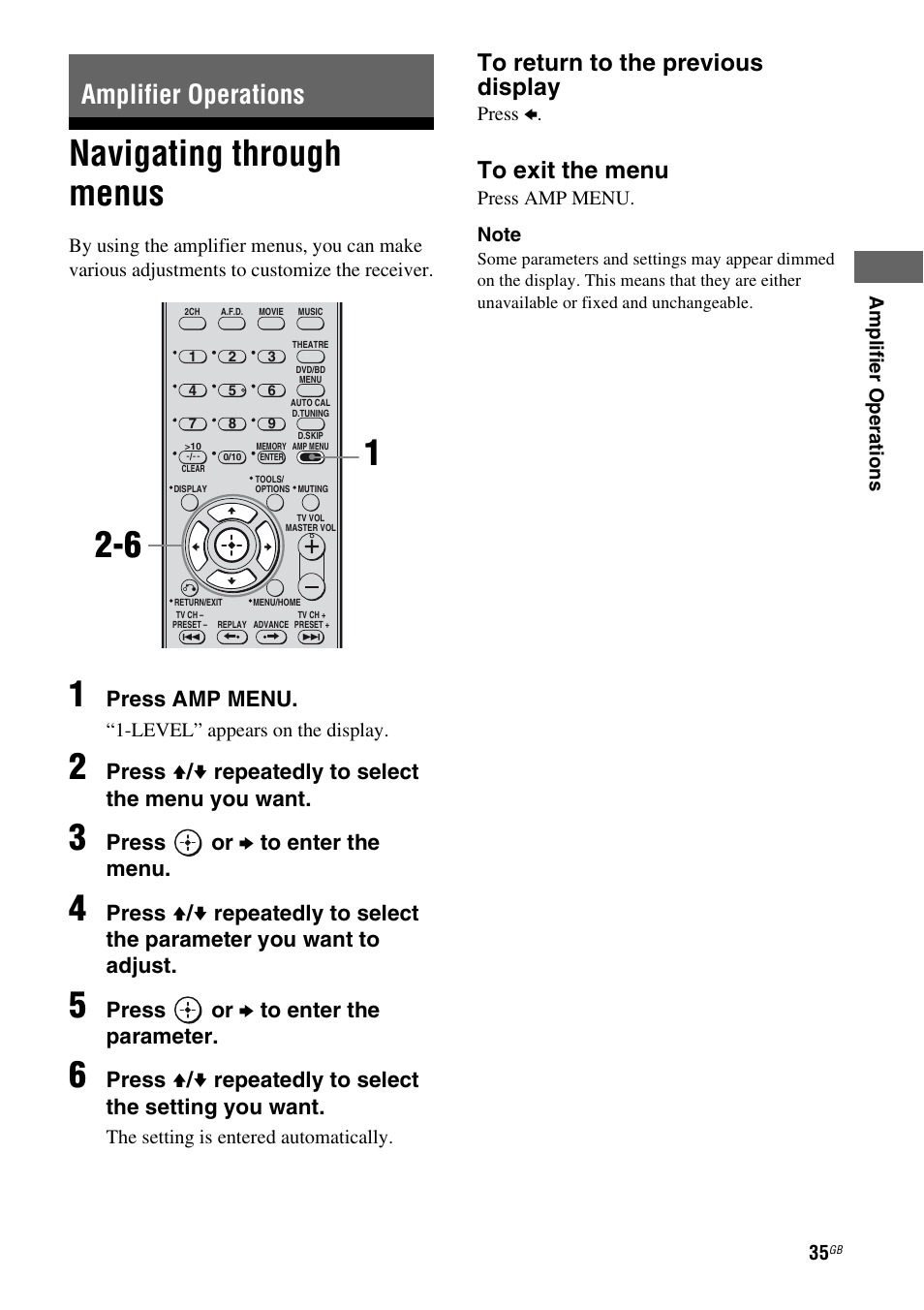 Amplifier operations, Navigating through menus, Press amp menu | Press v / v repeatedly to select the menu you want, Press or b to enter the menu, Press or b to enter the parameter | Sony HTSF2300 User Manual | Page 35 / 76