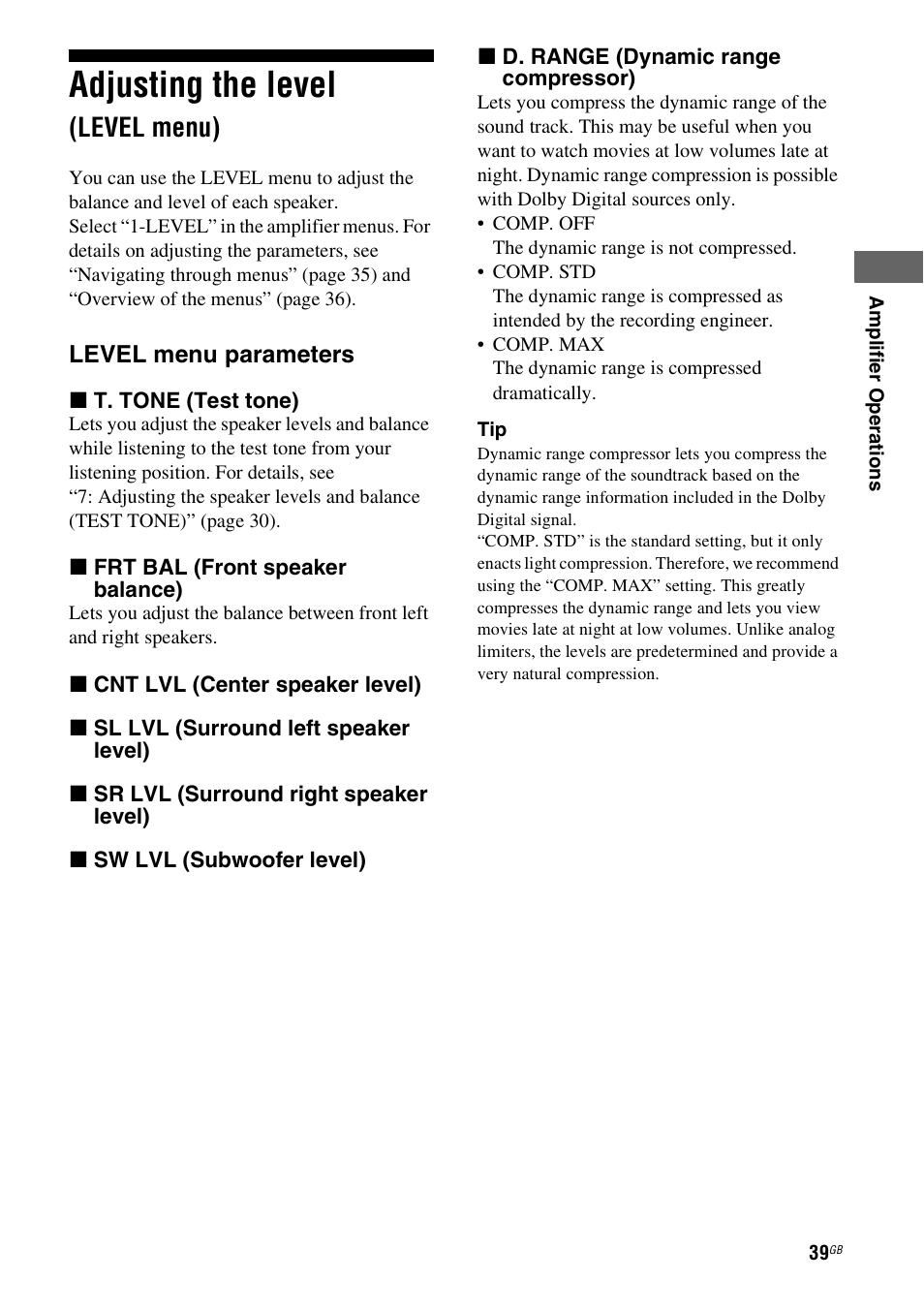 Adjusting the level (level menu), Adjusting the level, Level menu) | Sony HTSF2300 User Manual | Page 39 / 76