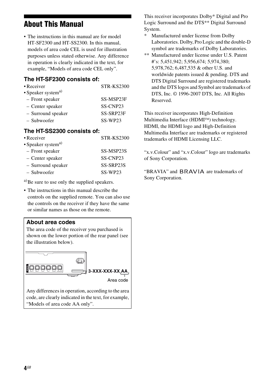 About this manual, The ht-sf2300 consists of, The ht-ss2300 consists of | About area codes | Sony HTSF2300 User Manual | Page 4 / 76