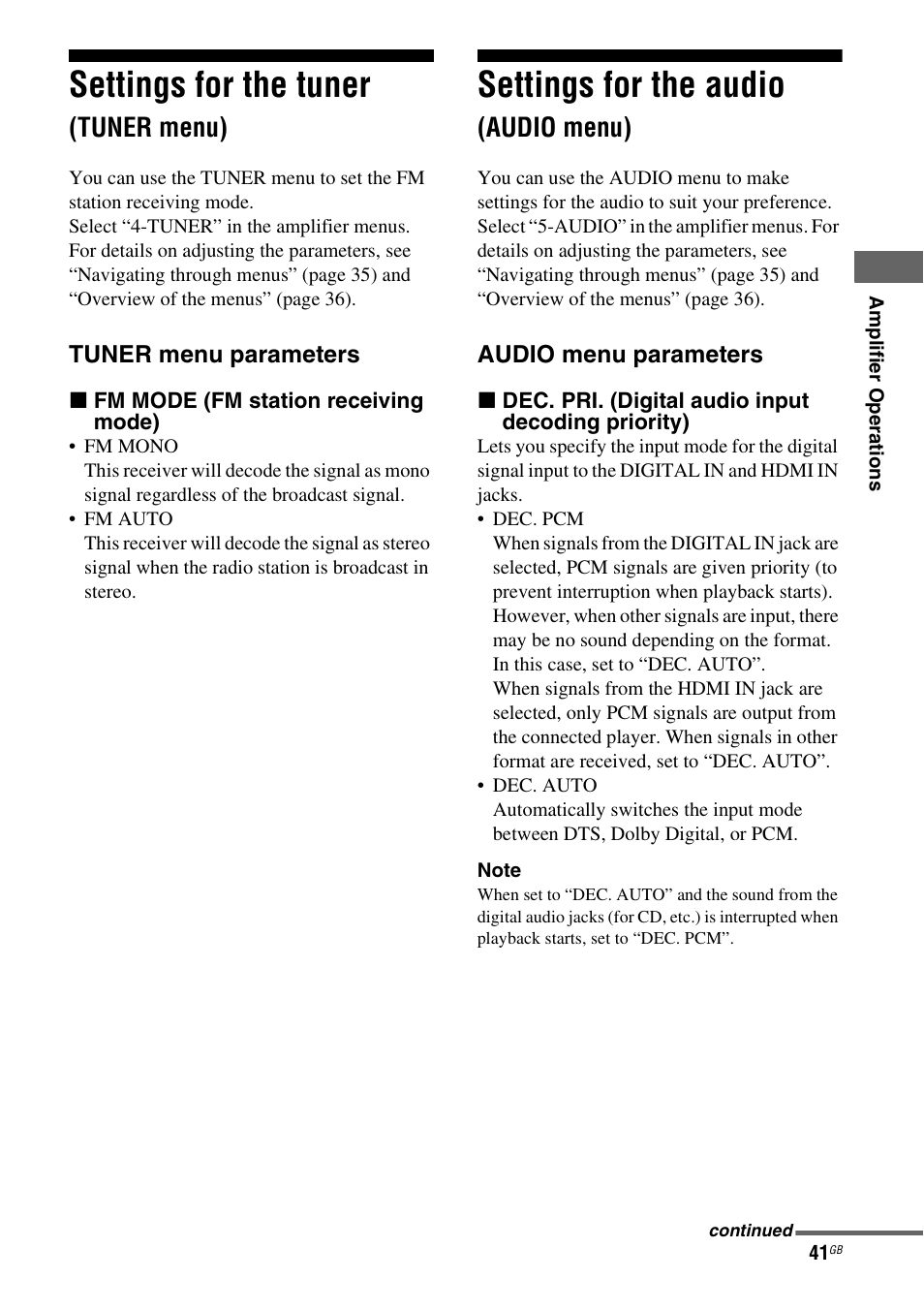Settings for the tuner (tuner menu), Settings for the audio (audio menu), Settings for the tuner | Settings for the audio, Tuner menu), Audio menu) | Sony HTSF2300 User Manual | Page 41 / 76