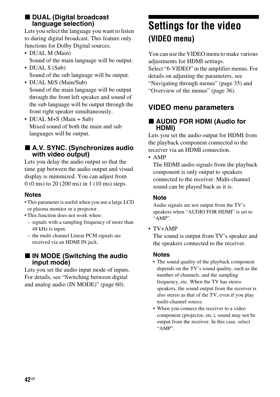 Settings for the video (video menu), Settings for the video, Video menu) | Video menu parameters | Sony HTSF2300 User Manual | Page 42 / 76