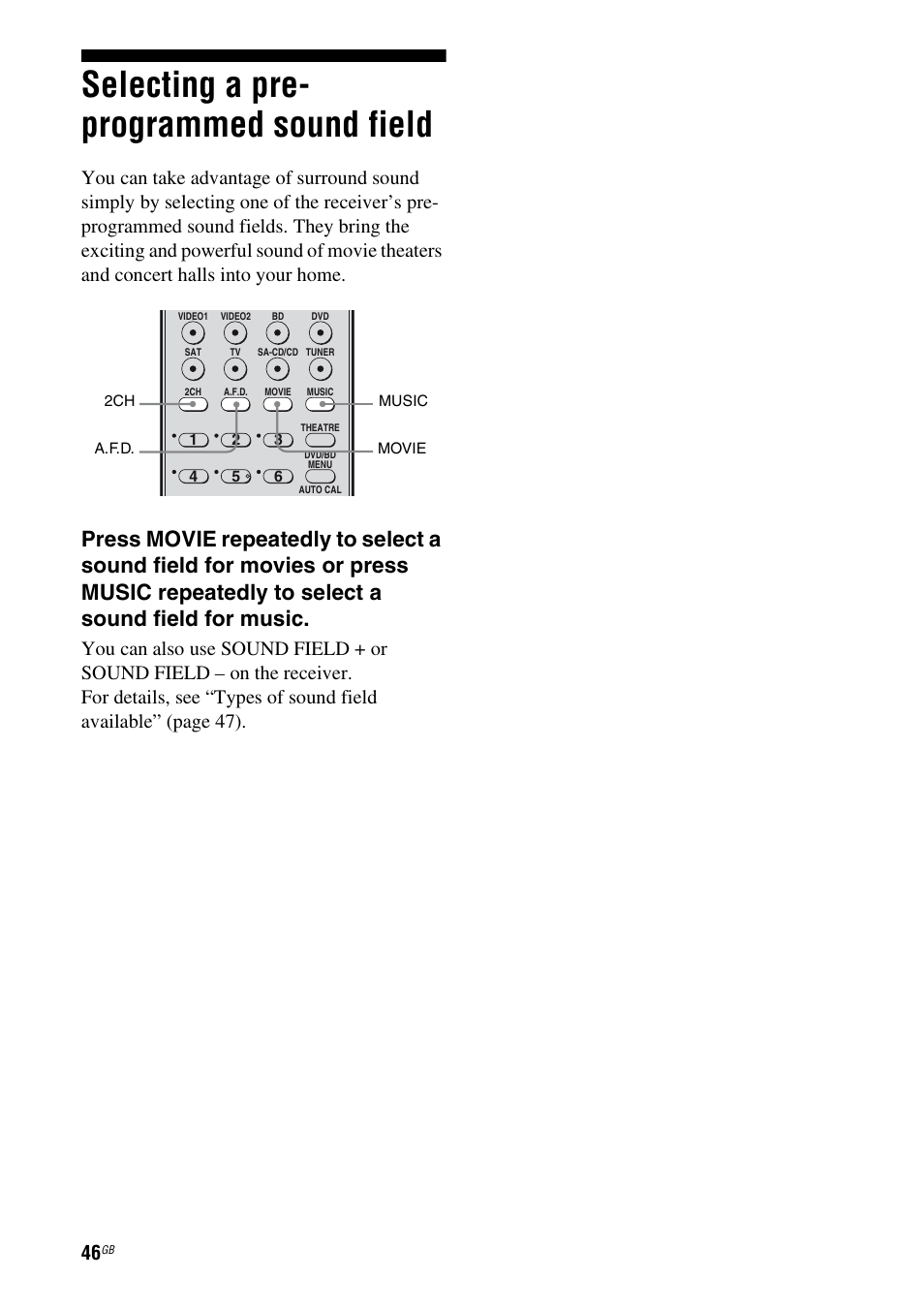 Selecting a pre- programmed sound field, Selecting a pre-programmed sound field | Sony HTSF2300 User Manual | Page 46 / 76