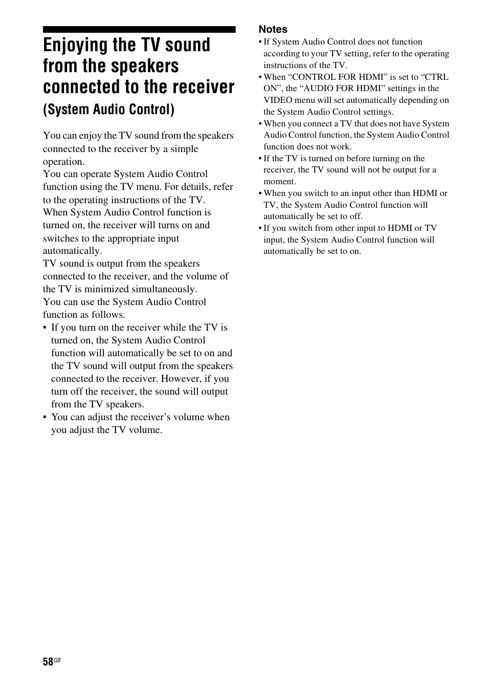 Enjoying the tv sound from the speakers, Connected to the receiver, System audio control) | Sony HTSF2300 User Manual | Page 58 / 76