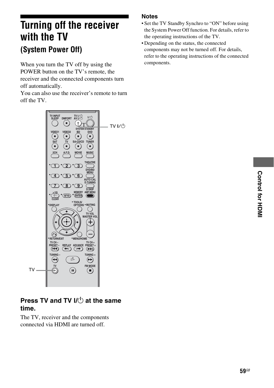 Turning off the receiver with the tv, System power off), Press tv and tv ? / 1 at the same time | Sony HTSF2300 User Manual | Page 59 / 76