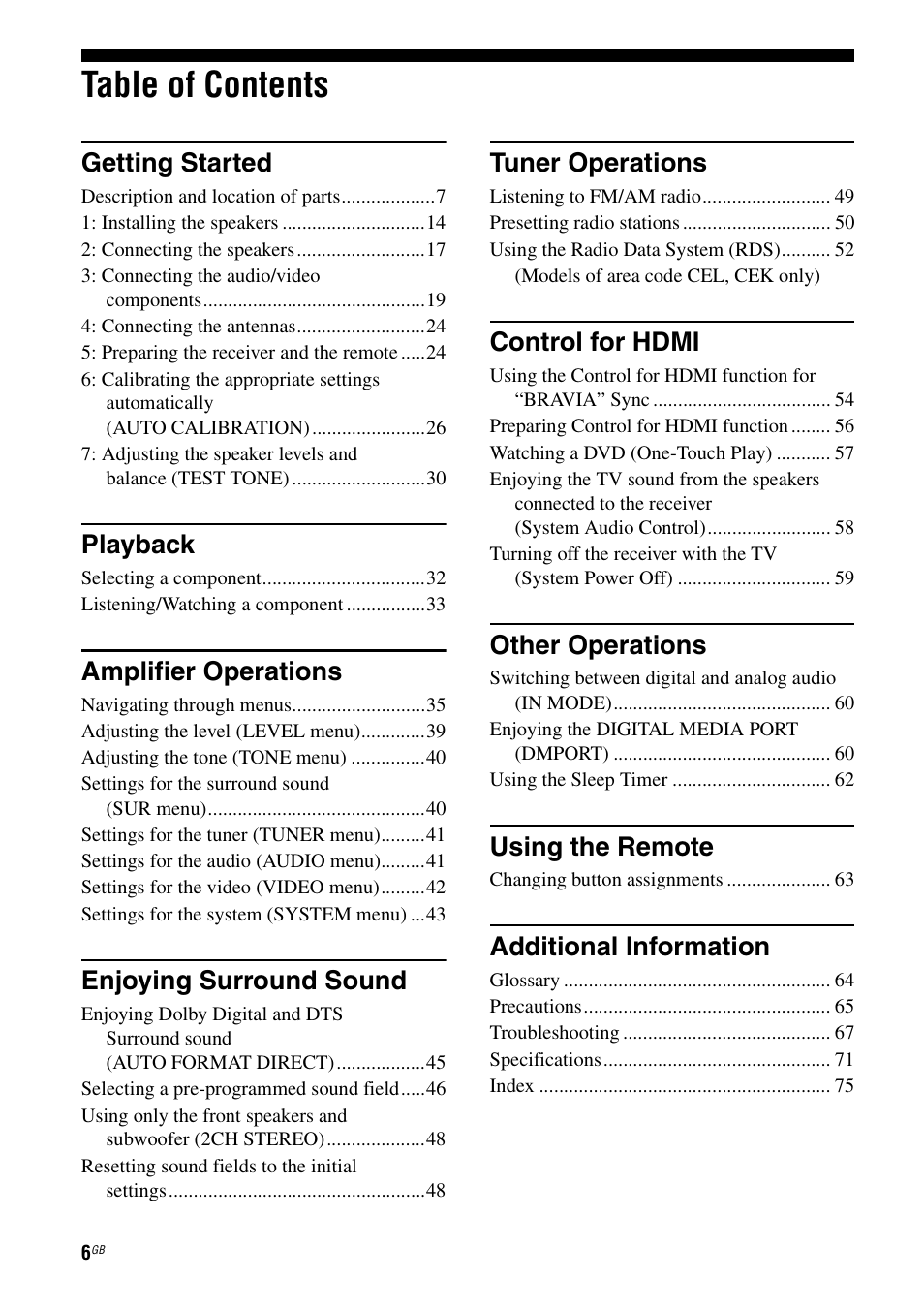 Sony HTSF2300 User Manual | Page 6 / 76