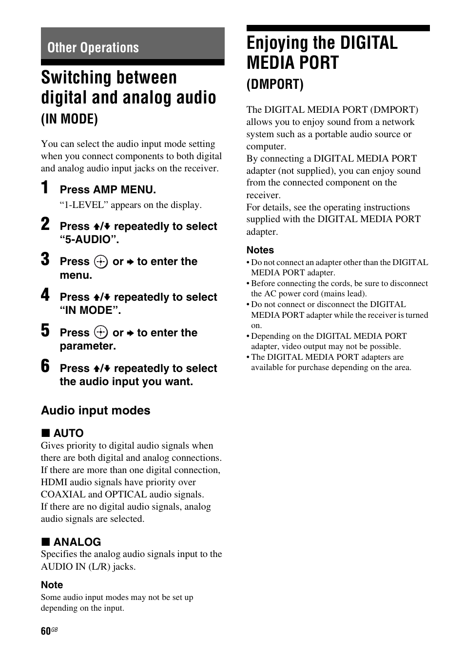 Other operations, Enjoying the digital media port (dmport), Switching between digital and analog audio | In mode), Enjoying the digital media port, Dmport) | Sony HTSF2300 User Manual | Page 60 / 76