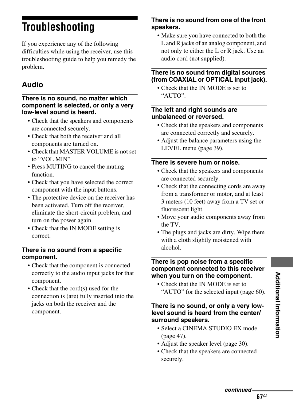 Troubleshooting | Sony HTSF2300 User Manual | Page 67 / 76