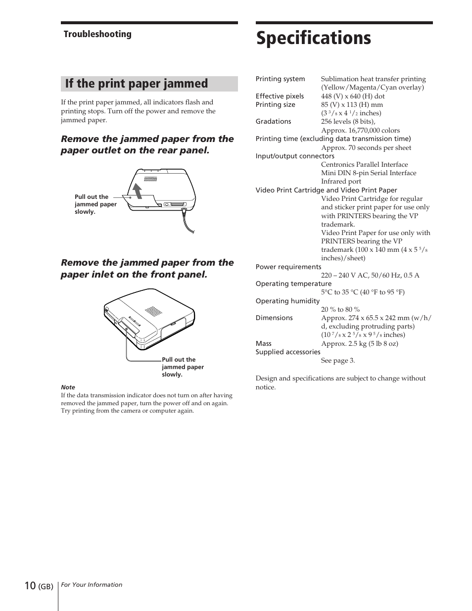 Specifications, If the print paper jammed, Troubleshooting | Sony DPP-M55 User Manual | Page 10 / 32