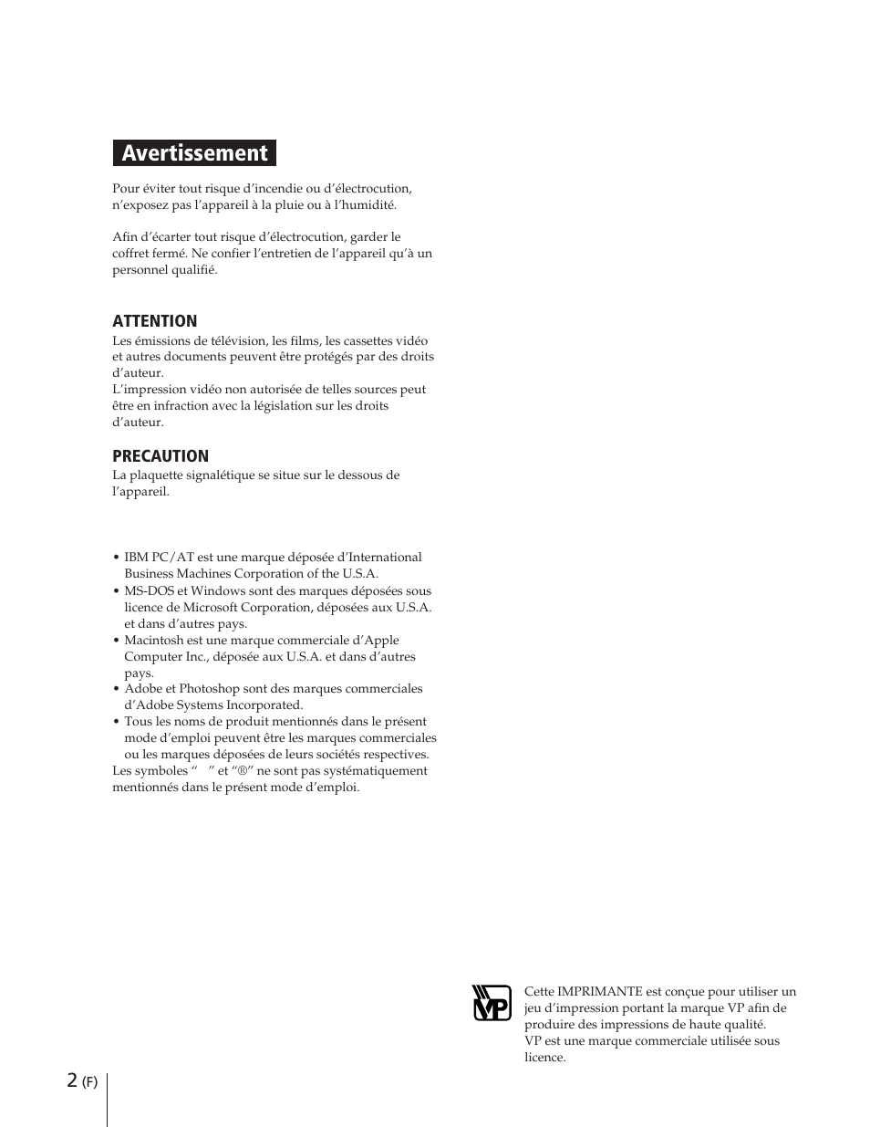 Avertissement | Sony DPP-M55 User Manual | Page 12 / 32