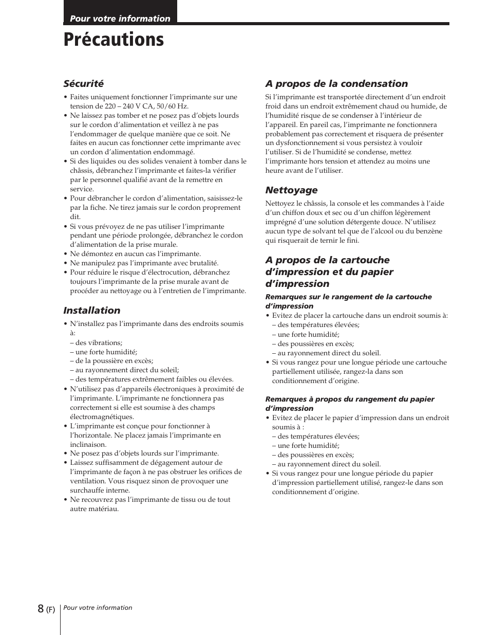 Précautions | Sony DPP-M55 User Manual | Page 18 / 32
