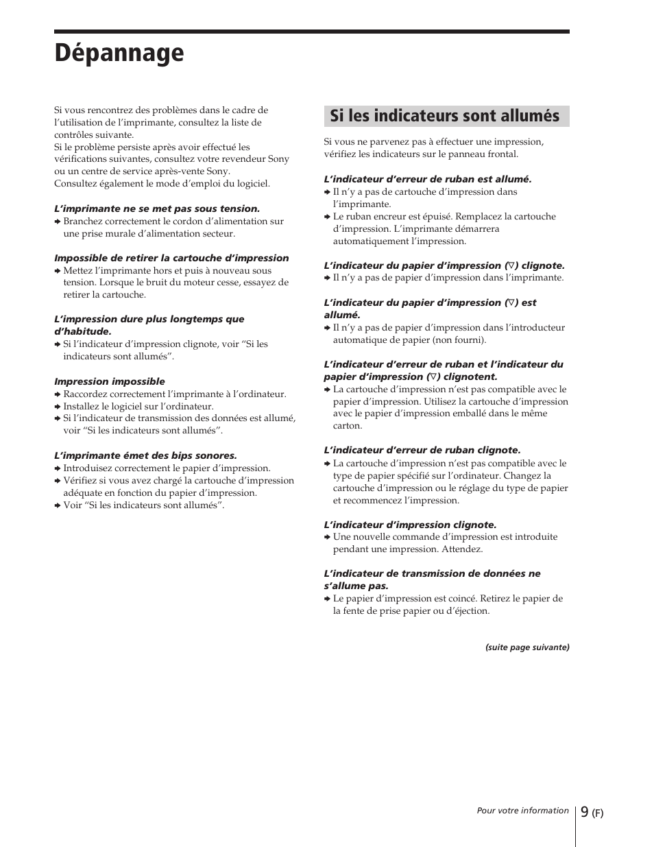 Dépannage, Si les indicateurs sont allumés | Sony DPP-M55 User Manual | Page 19 / 32